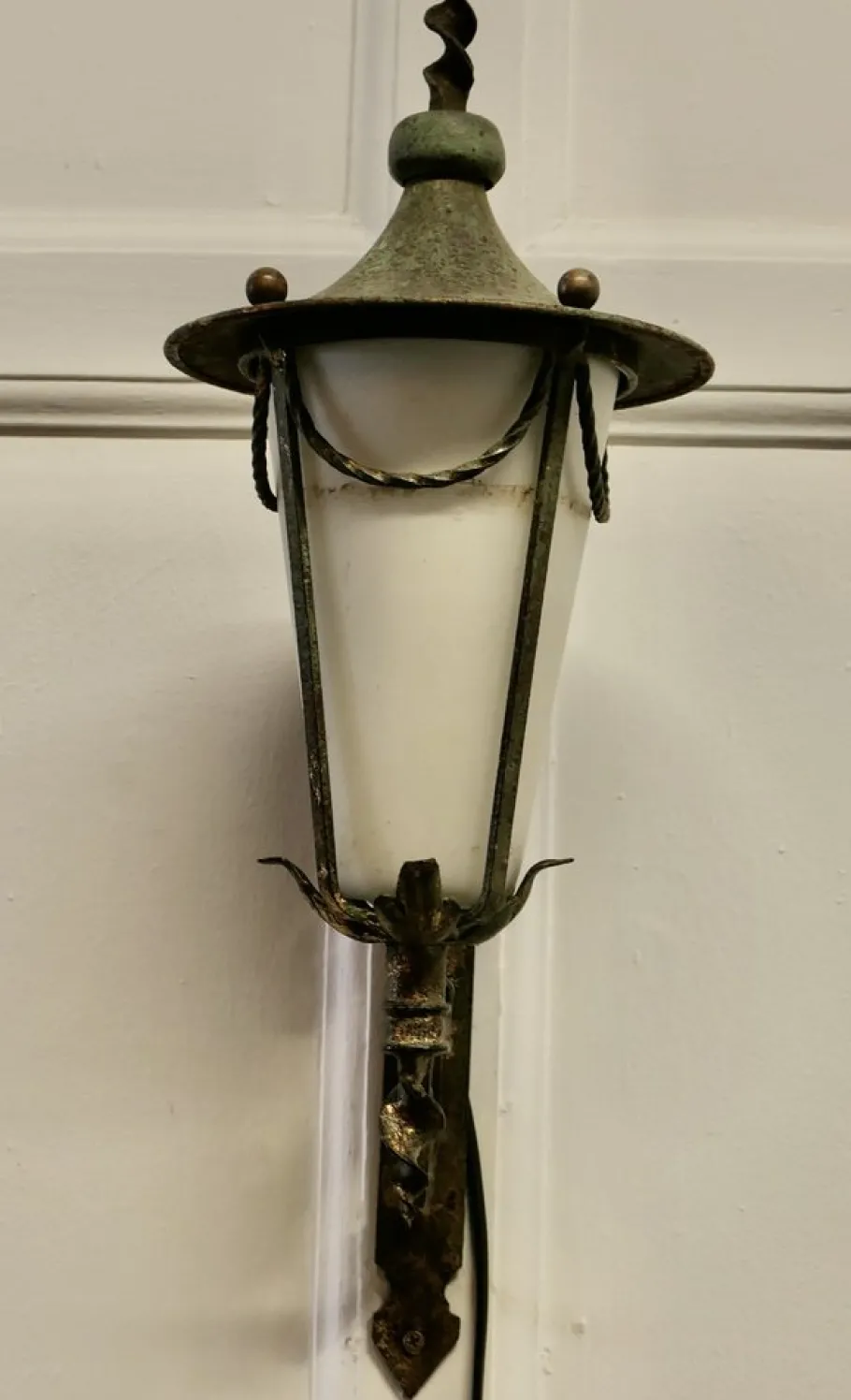 Sale Pamono Wrought Iron and Opaque Wall Lantern, 1930s