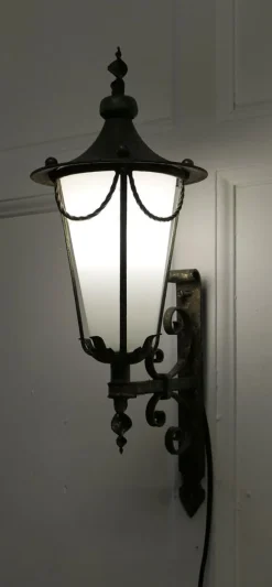Sale Pamono Wrought Iron and Opaque Wall Lantern, 1930s