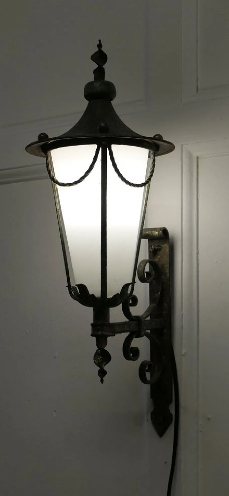 Sale Pamono Wrought Iron and Opaque Wall Lantern, 1930s