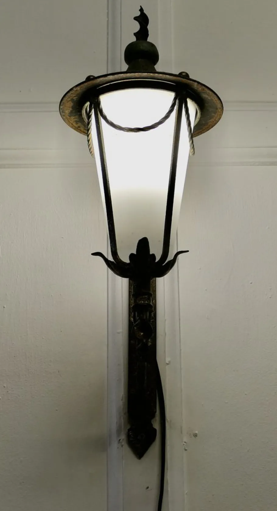 Sale Pamono Wrought Iron and Opaque Wall Lantern, 1930s