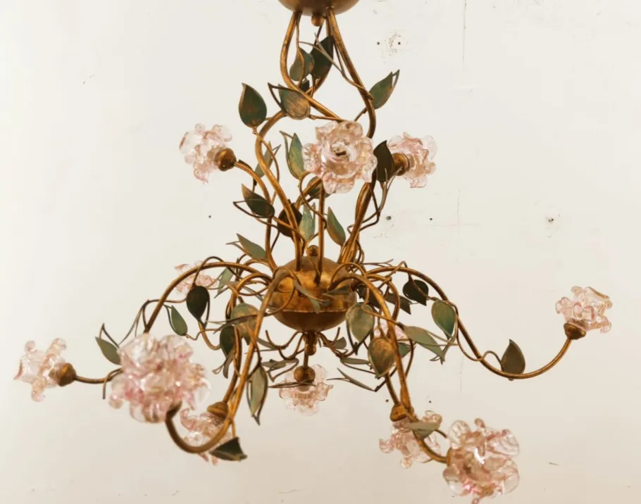 Sale Pamono Wrought Iron Chandelier with Vitri in Pink Murano