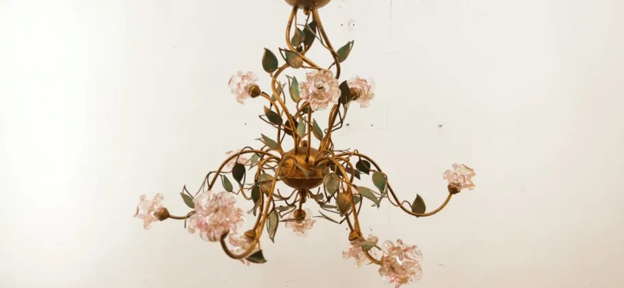 Sale Pamono Wrought Iron Chandelier with Vitri in Pink Murano