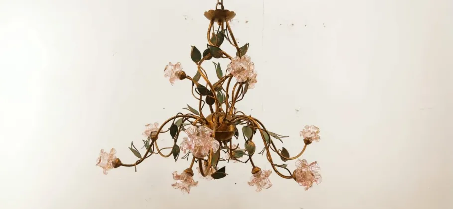 Sale Pamono Wrought Iron Chandelier with Vitri in Pink Murano