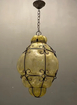 Sale Pamono Wrought Iron Craquelè Murano Glass Latern Light Pendant , 1960s