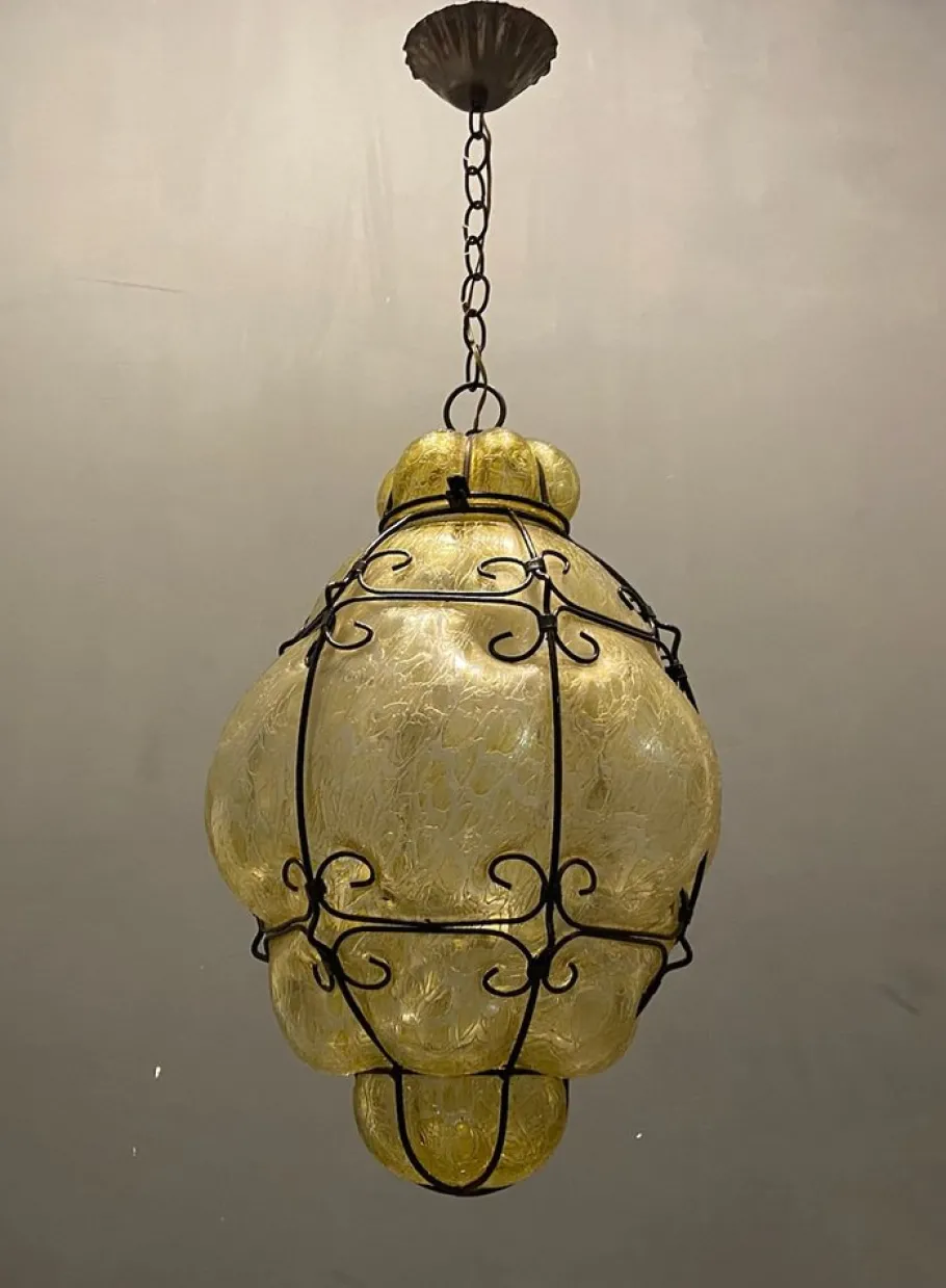 Sale Pamono Wrought Iron Craquelè Murano Glass Latern Light Pendant , 1960s