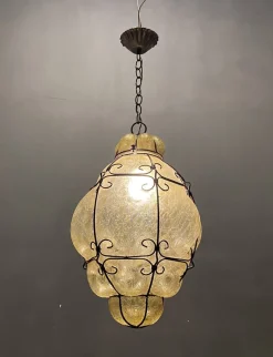 Sale Pamono Wrought Iron Craquelè Murano Glass Latern Light Pendant , 1960s