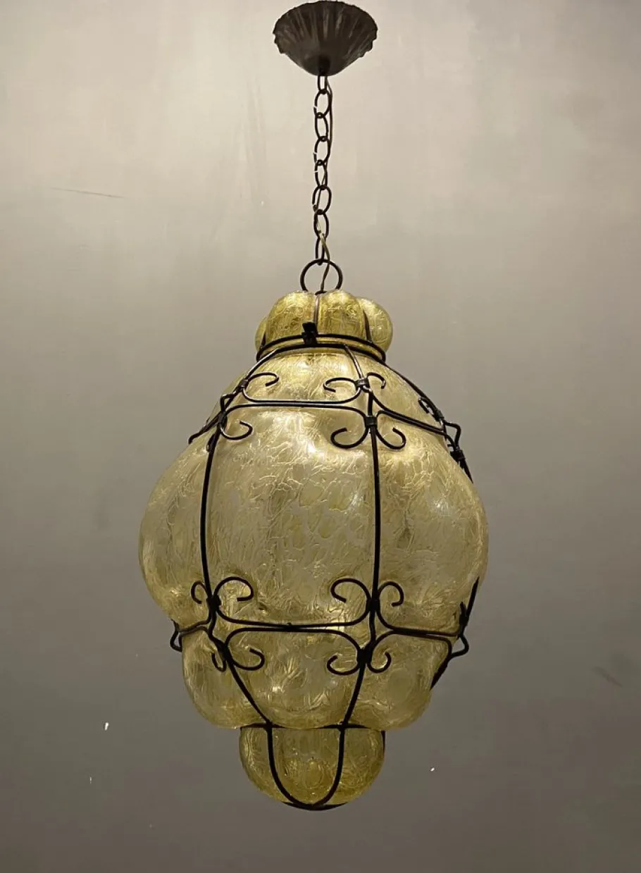 Sale Pamono Wrought Iron Craquelè Murano Glass Latern Light Pendant , 1960s