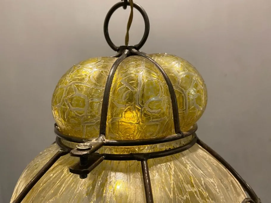 Sale Pamono Wrought Iron Craquelè Murano Glass Latern Light Pendant , 1960s