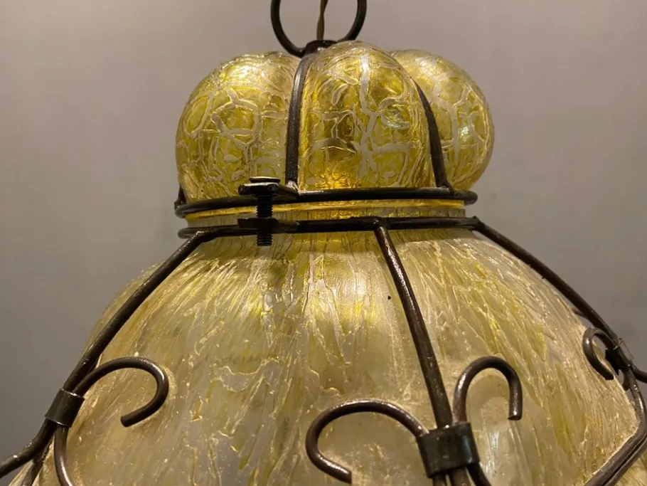 Sale Pamono Wrought Iron Craquelè Murano Glass Latern Light Pendant , 1960s