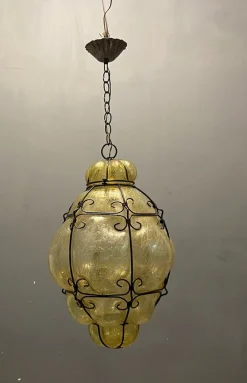 Sale Pamono Wrought Iron Craquelè Murano Glass Latern Light Pendant , 1960s