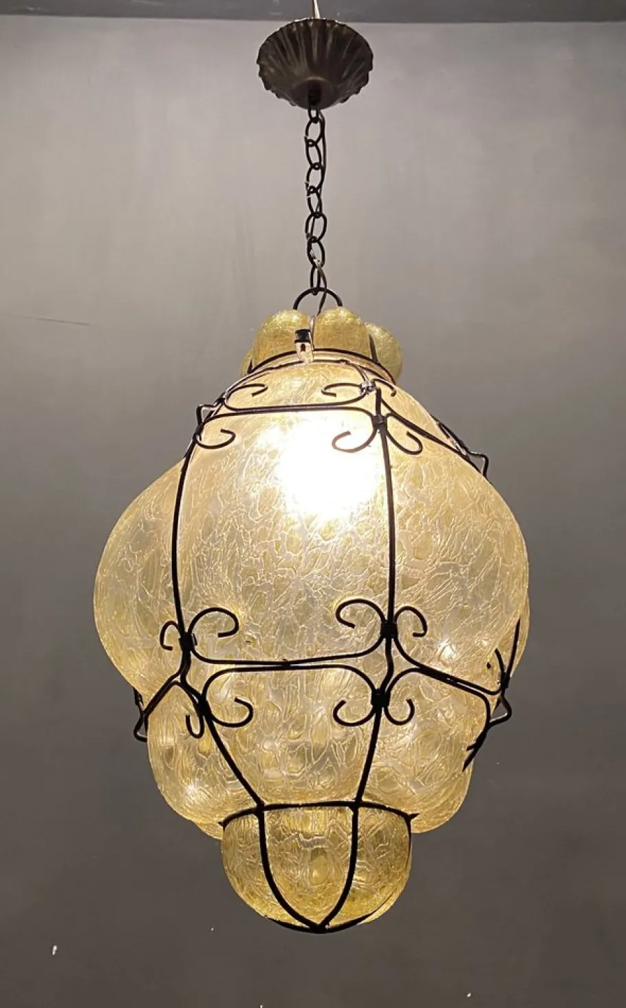 Sale Pamono Wrought Iron Craquelè Murano Glass Latern Light Pendant , 1960s