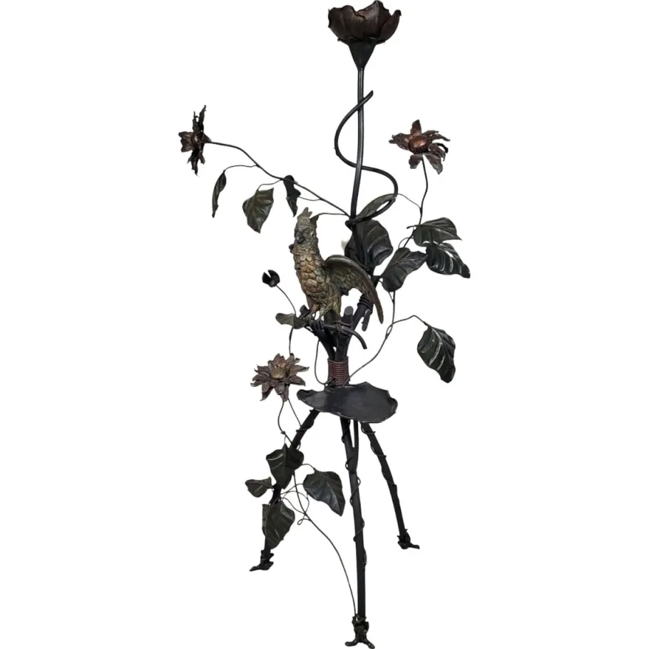 Outlet Pamono Wrought Iron Floor Lamp with Leaves, Flowers, and Parrot, 1960s